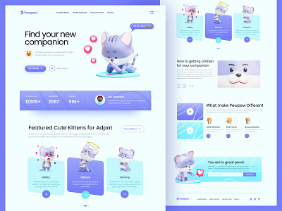 Cute Kitten Adoption - Landing Page Design with 3D 3d adoption animal blue cat cute illustration kitten landingpage pet purple tosca ux webdesign website