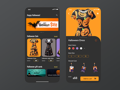 Halloween E-commerce app dark mode ecommerce halloween design halloween flyer halloween party illustration new pumpkins ui uiux ux uxdesign