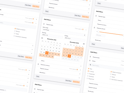 Filter UI app calendar card checkbox clean date picker date range date selector filtering filters finance modal search slider ui ux web