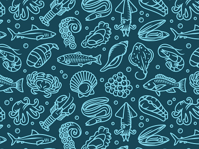 Seafood pattern branding design fish icon illustration lobster ocean octopus oyster pattern print seafood seamless search shark shell shrimp sushi vector wallpaper