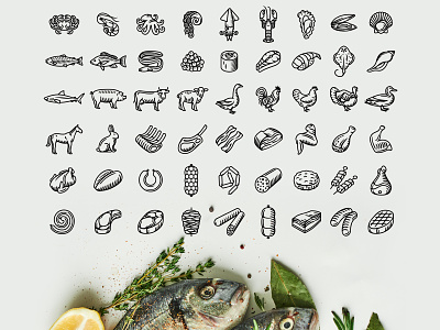 Meat and seafood icon set animal burger chicken cow design engraved farm fish food grill icon illustration meat menu octopus pig seafood set shrimp vector