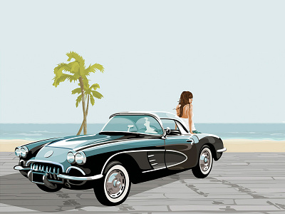 Sea beach car chevrolet corvette dock girl illustration palm pier roadster sea sky vector