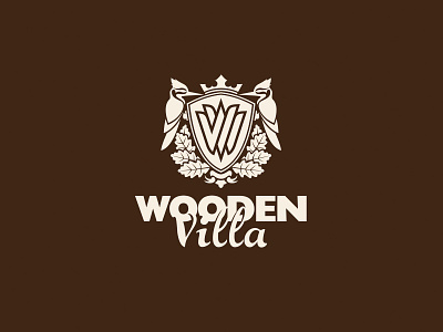 Wooden Villa bird branding crown design icon identity illustration initial lettering logo logotype monogram oak shield typography vector villa wooden woodpecker