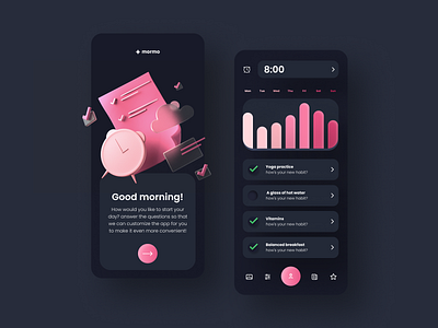 Mobile iOS app for morning habits 3d app checkbox checklist color design graph health mobile morning morning habits pink planner product radio button routine task manager ui ux web design