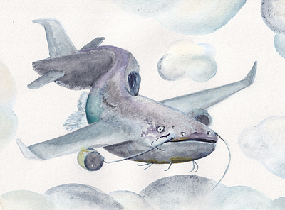 Catfish-Plane catfish plane illustration painting plane watercolor watercolorpainting