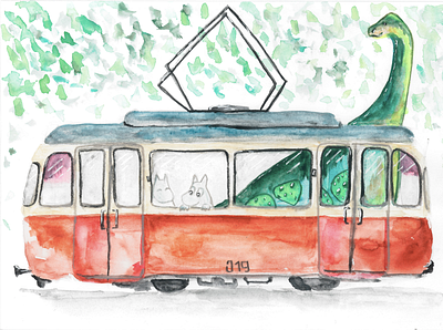 Diplodocus in the Tram diplodocus in the tram illustration painting tram watercolor watercolorpainting