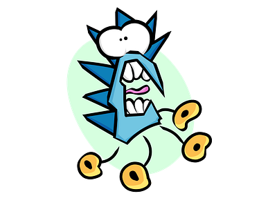 Scared blue hedgehog on wheels in retro vector style