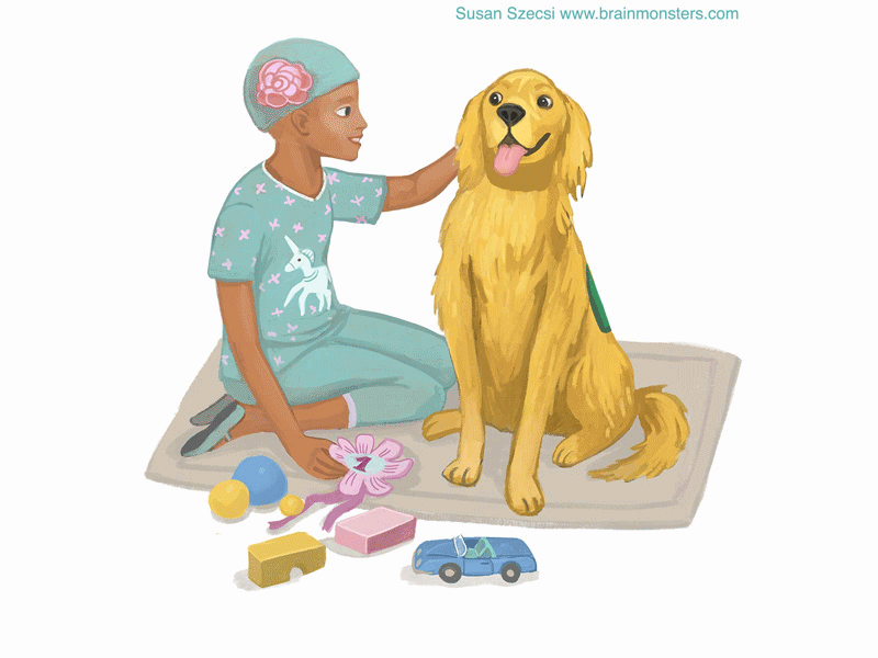 Sick girl with service dog (gif from book illustration) cancer drawing emotional help golden retriever healing hospital illustration kids in hospital kindness pennsylvania well being