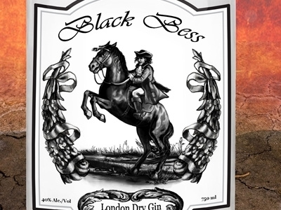 Gin Bottle Black Bess black bess dick turpin essex gang gin bottle label design rearing horse and villain