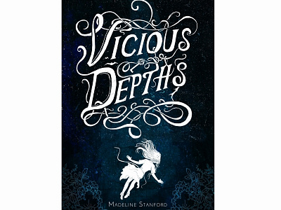 Hand-letterd illustrated book cover blue dark decorative girl falling girl ya novel hand lettered old key romantic swirls vicious