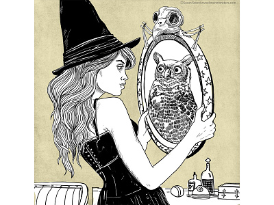 Tranquil Witch Girl Owl Inktober apprentice girl character illustration ink drawing inktober inktober 2018 mirror owl pretty witch