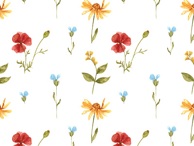 illustration branding design fabric illustration poppies retro style scarlet blue tropics watercolor wildflowers yellow