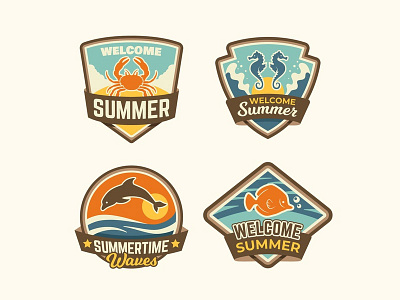 Vintage Summer Badges Collection 2020 badges beach crab dolphin fish sea seahorse summer sun tropical vector vintage waves