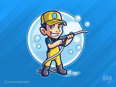 Carwash Mascot Logo bubbles cartoon carwash cleaner guy hose illustration logo mascot service valet washer