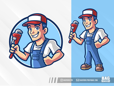 Plumber Mascot Logo cartoon character contractor fix illustration logo mascot plumber repair repairman service tool vector worker