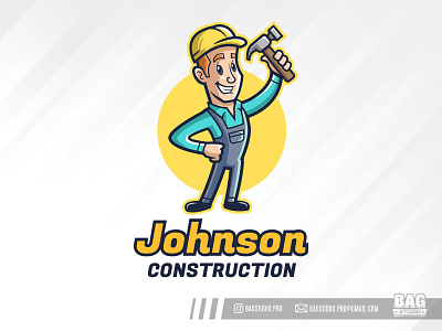 Constructor Cartoon Mascot Logo builder cartoon constructor contractor hammer handyman helmet illustration logo man mascot vintage