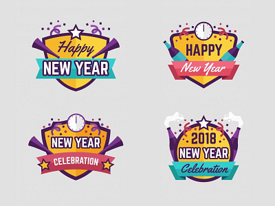 2018 Free Happy New Year Badges 2018 badge bottle celebrate champagne confetti design flat free happy new year party