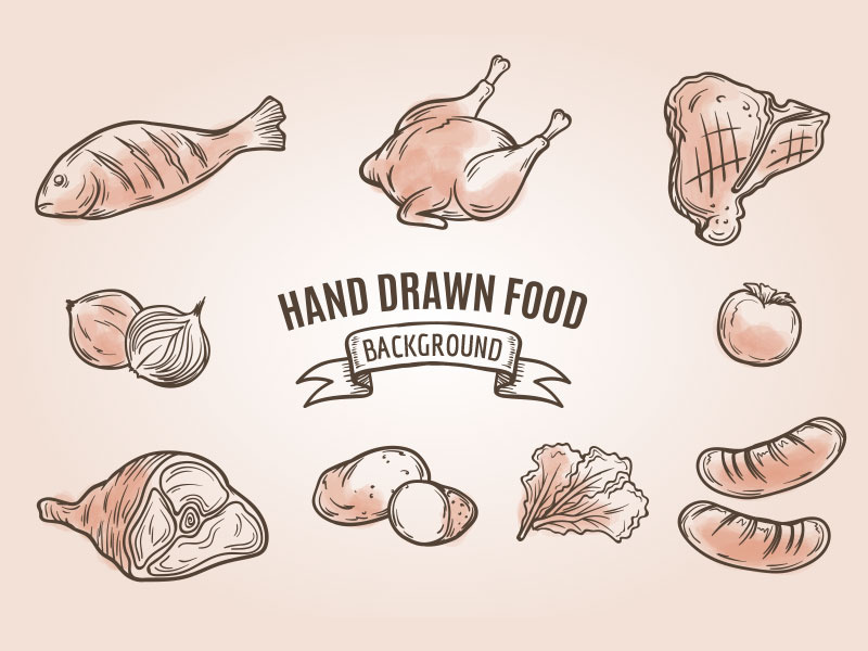 Hand Drawn Food vintage recipe chicken fish stake beef gourmet meat dishes restaurant food hand drawn