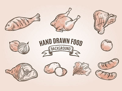 Hand Drawn Food beef chicken dishes fish food gourmet hand drawn meat recipe restaurant stake vintage