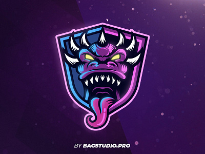 Purple Monster Logo badge esport horn logo monster mouth purple shield tongue