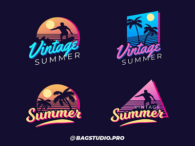 Retro Summer Badges Collection 80s badge beach collection illustration lettering ocean palm summer sun surf vintage wave