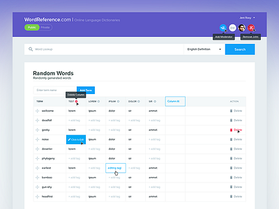 Wordreference dashboard delete drag drop edit list management search table ui ux