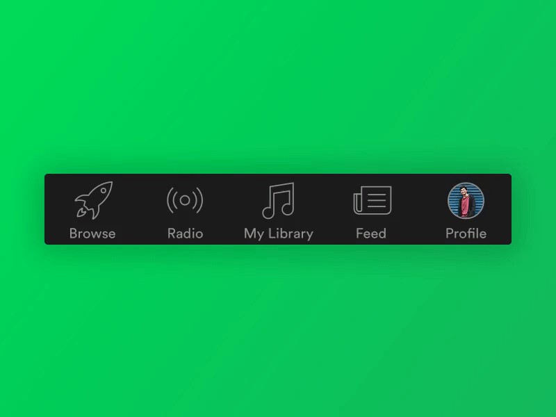 Spotfiy navigation design gif green. dark grey ios spotify tab bar waffles