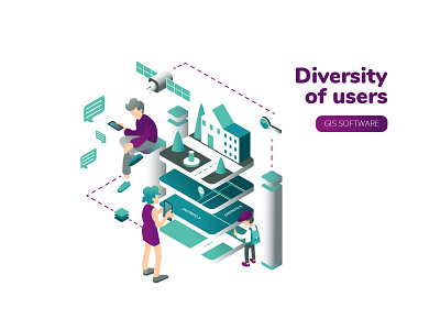 Diversity of users gis illustration isometric maps people software technology