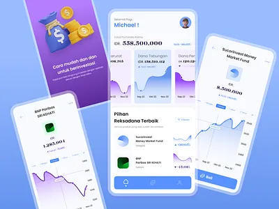 Reksadana Invest App blue buying chart clean design design figma invest investment investment app mobile app mobile design portofolio purple reksadana ui ux white