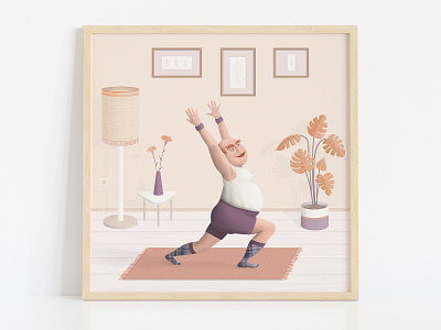 October Stretching Illustration 2d art 2d illustration at home character character design character illustration design excercise illustration living room man illustration people photoshop print stretching