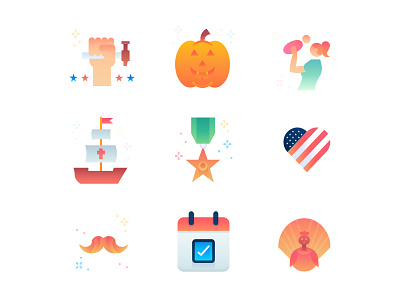 American Holidays Gradient Icons columbus day fathers day festival gradient halloween holidays icon design icon set iconography icons illustration mothers day smooth thanksgiving ui vector veterans day