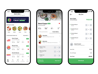 Food delivery app concept app arkit cart clean delivery discover food green minimal mobile white