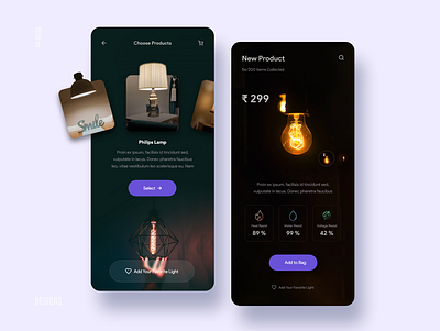 Electric Lamp Store App adobe adobe xd app app design black black and white black app cart dark dark app dark ui ecommerce illustraion lamp light product store ui design ux webdesign