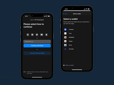 NFT Marketplace user sign in blockchain crypto dailyui dapp darkmode decentralized app design mobile ui nft sign in ui ux web3 web3.0