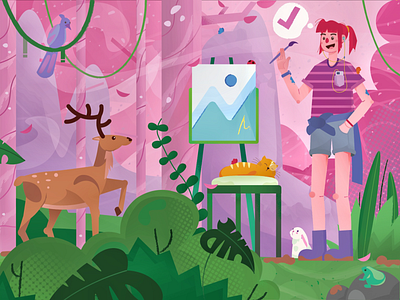 woman painting on the forest with animal activity animal art bird deer flat flat design foliage frog illustration paint panting people pink rabit