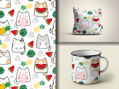 Seamless Kawaii Cute Cats Summer Pattern animal background cartoon cat cats colorful cute design doodle funny happy illustration kawaii kitten pattern pet seamless vector wallpaper watermelon