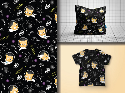 Seamless Kawaii Cute Cat Astronaut in Space  Pattern