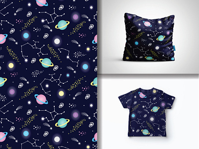 Hand drawn Seamless Constellations Pattern, Planet and Star Sky.