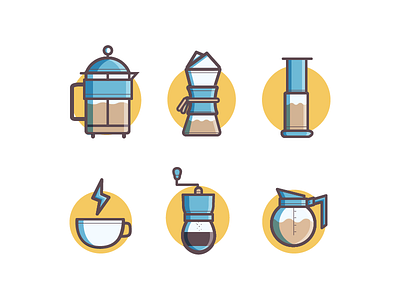 Coffee Icon blue brown chemex coffee frenchpress glass grinder icon pot siphon yellow