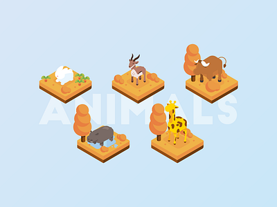 Isometric Illustration - Animals animals gazelle girrafe hippo illustration iso isometric ox rabbit