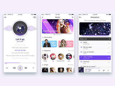 Music player app design music singer ui ux violet