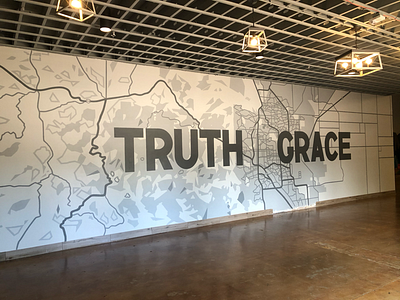 Map of COS mural with truth and grace art blackandwhite map mural painting