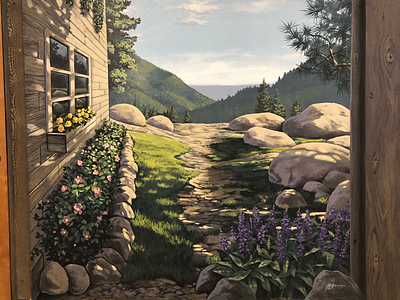 Handpainted mural cabin mountains mural