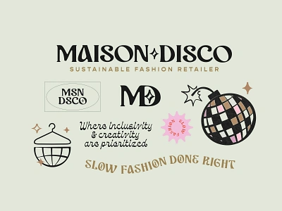 Maison Disco Sustainable Fashion Retailer Logokit brand identity branding design disco fashion feminine illustration logo logokit pink retailer sustainable typography variations woman