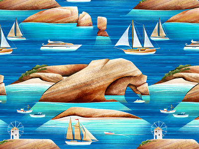 Blue Water boat illustration mediterranean pattern sail