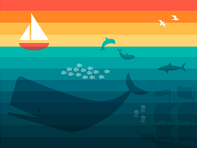 Sailing at sunset illustration ocean sailboat sea life shipwreck simple sunset underwater vector whale