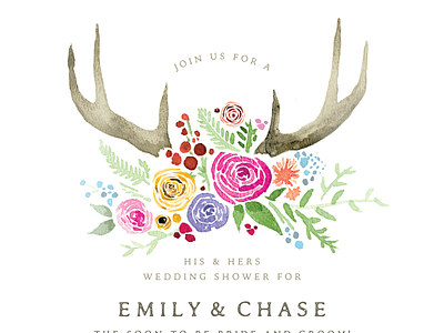 His & Hers antlers floral flowers invitation shower watercolor wedding
