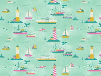 "On the Water" pattern boat ferry fishing illustration lighthouse nautical ocean pattern repeat sail surface design whale