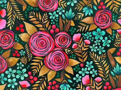 Hot pink aqua floral flower illustration pattern pink surface design watercolor