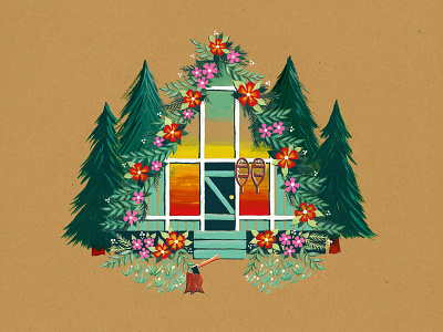 Flowery Mountain Cottage a frame cabin cottage floral flower gouache house illustration kraft mountain outdoors pine